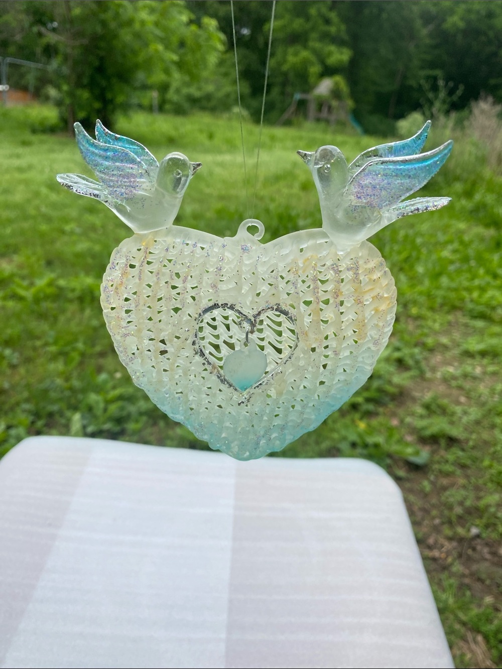 Vintage Roman Iridescent Acrylic Heart & Dove Hanging Ornament (Set of 3 W/Box)